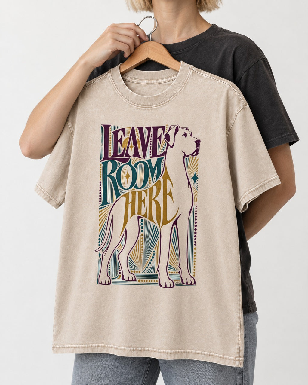 Leave Room for Great Dane Washed Tee in Apricot, held up on a hanger