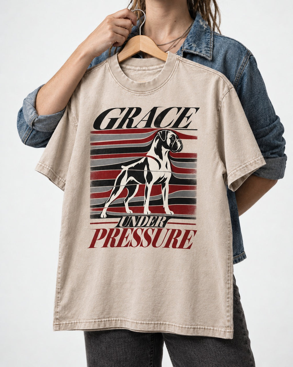 Boxer Grace Under Pressure Washed Tee in Apricot, held up on a hanger