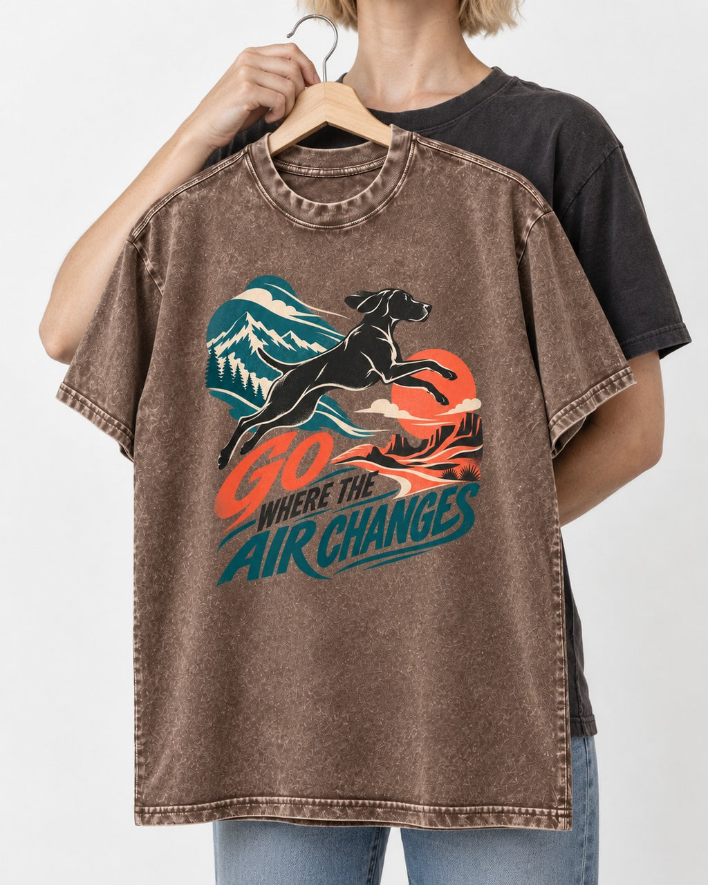 German Shorthaired Pointer Where the Air Changes Washed Tee in Coffee, held up on a hanger