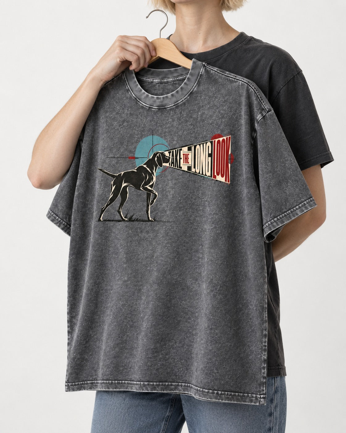 German Shorthaired Pointer Take the Long Look Washed Tee in Gray, held up on a hanger