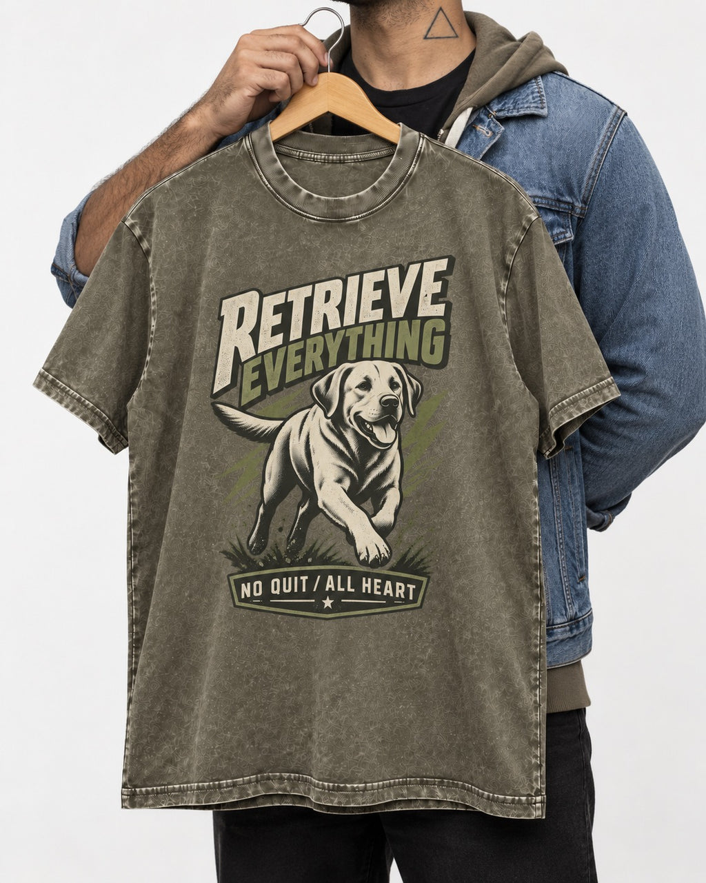 Labrador Retriever Retrieve Everything No Quit All Heart Running Graphic Washed Tee in Army Green, held up on a hanger