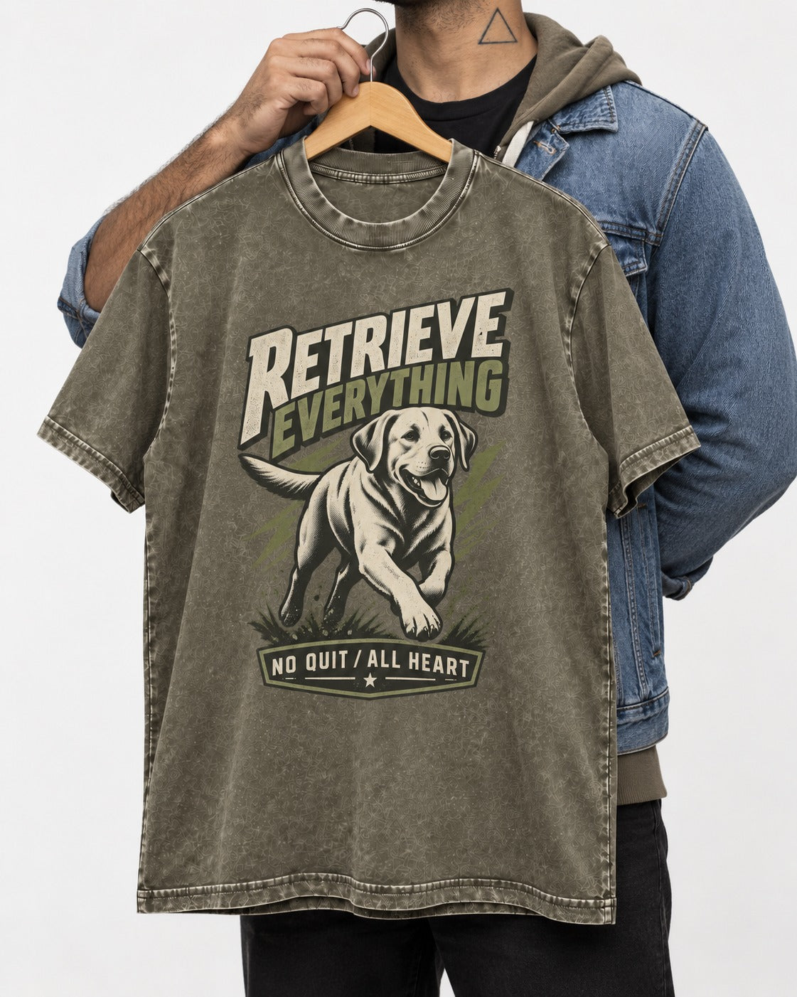 Labrador Retriever Retrieve Everything No Quit All Heart Running Graphic Washed Tee in Army Green, held up on a hanger