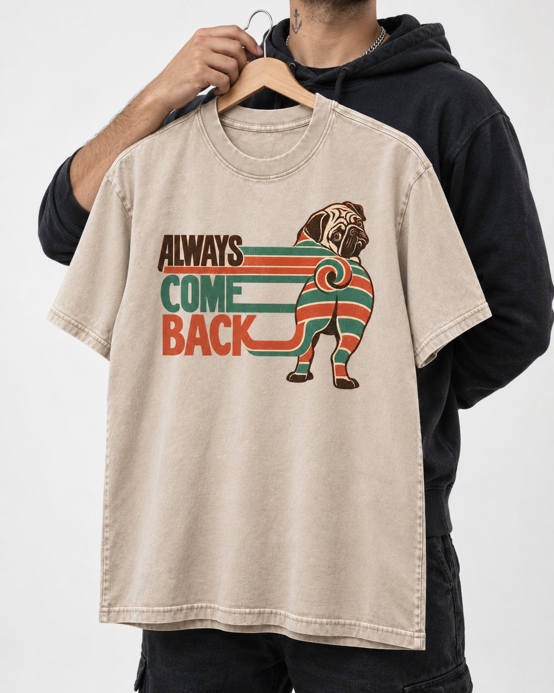 Pug Always Come Back Striped Body Graphic Washed Tee in Apricot, held up on a hanger