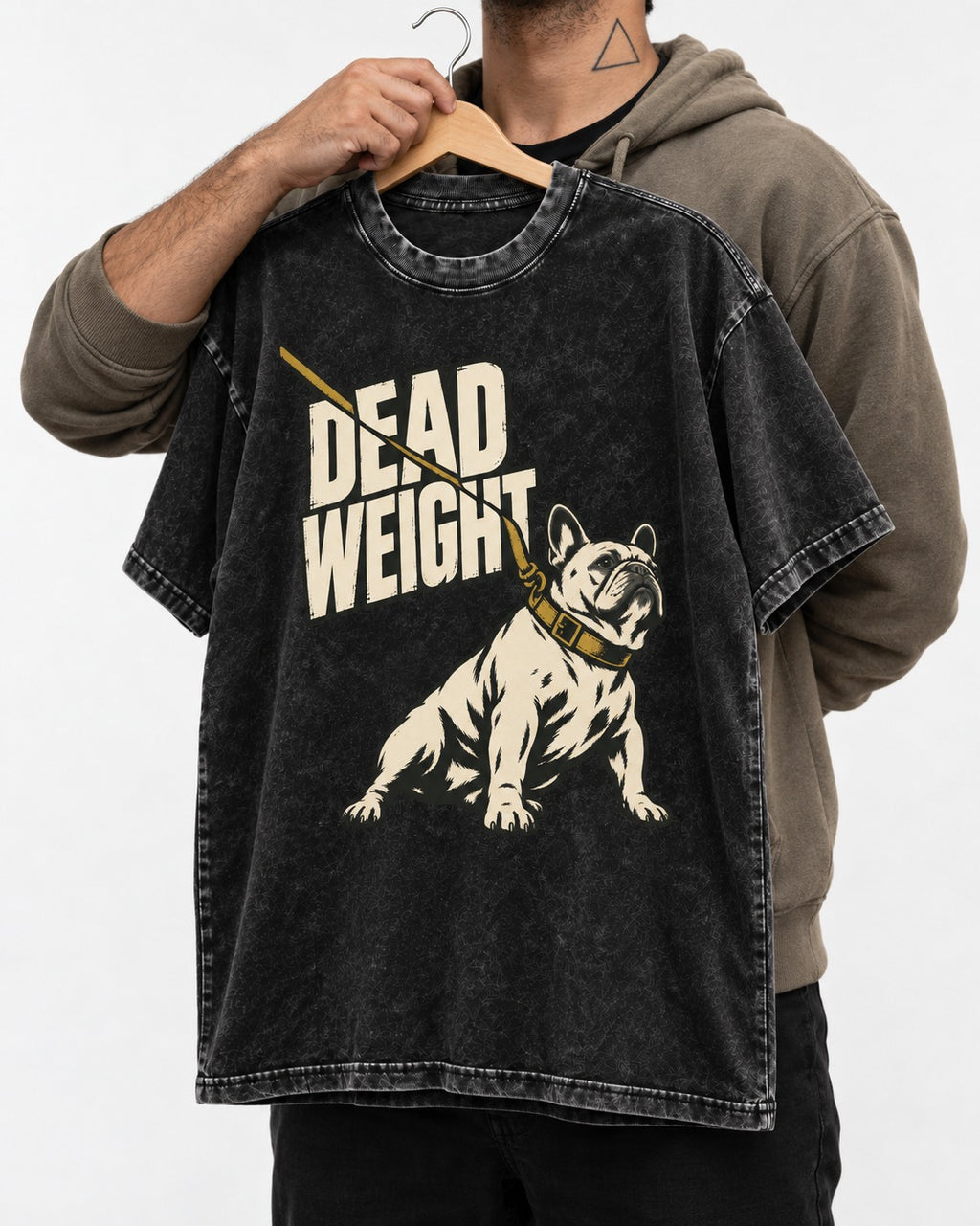 Frenchie Dead Weight Leash Graphic Washed Tee in Black, held up on a hanger