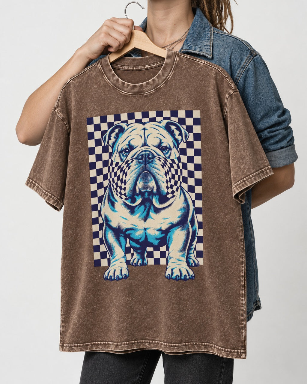 English Bulldog Double Take Washed Tee in Coffee, held up on a hanger