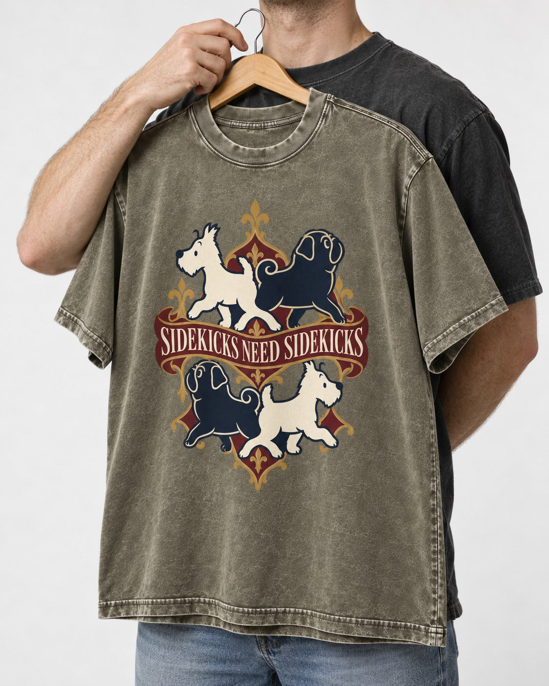Pug Sidekicks Need Sidekicks Heraldic Graphic Washed Tee in Army Green, held up on a hanger
