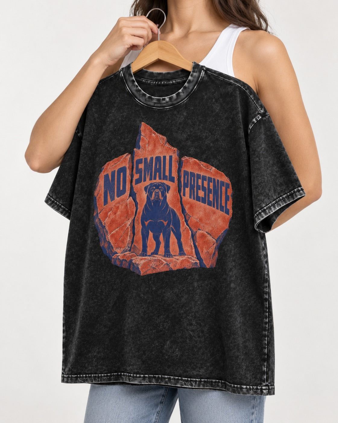 Rottweiler No Small Presence Monument Rock Graphic Washed Tee in Black, held up on a hanger