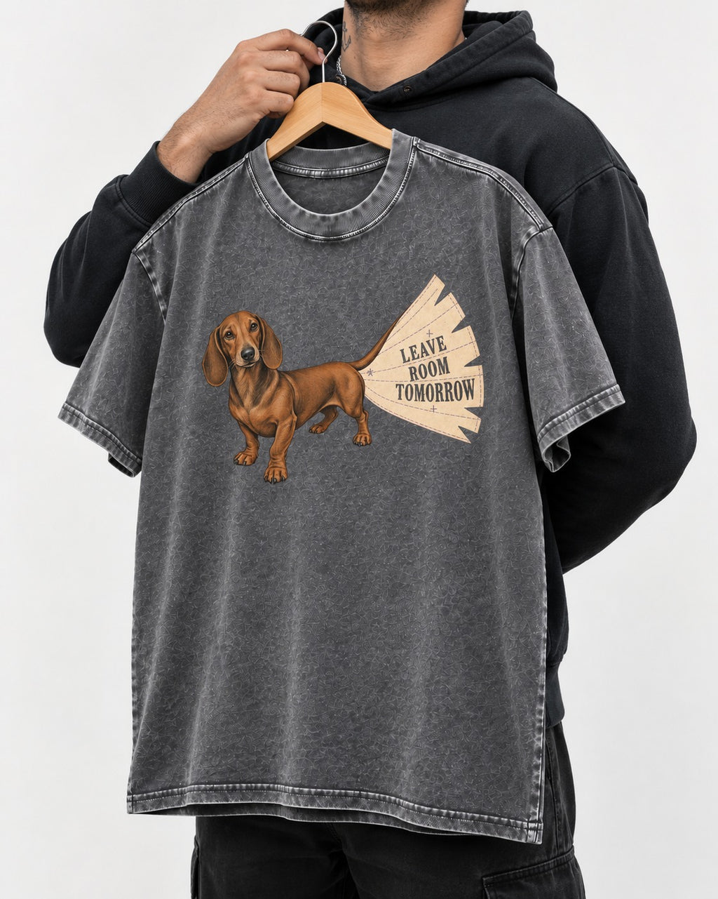 Dachshund Leave Room Tomorrow Washed Tee in Gray, held up on a hanger