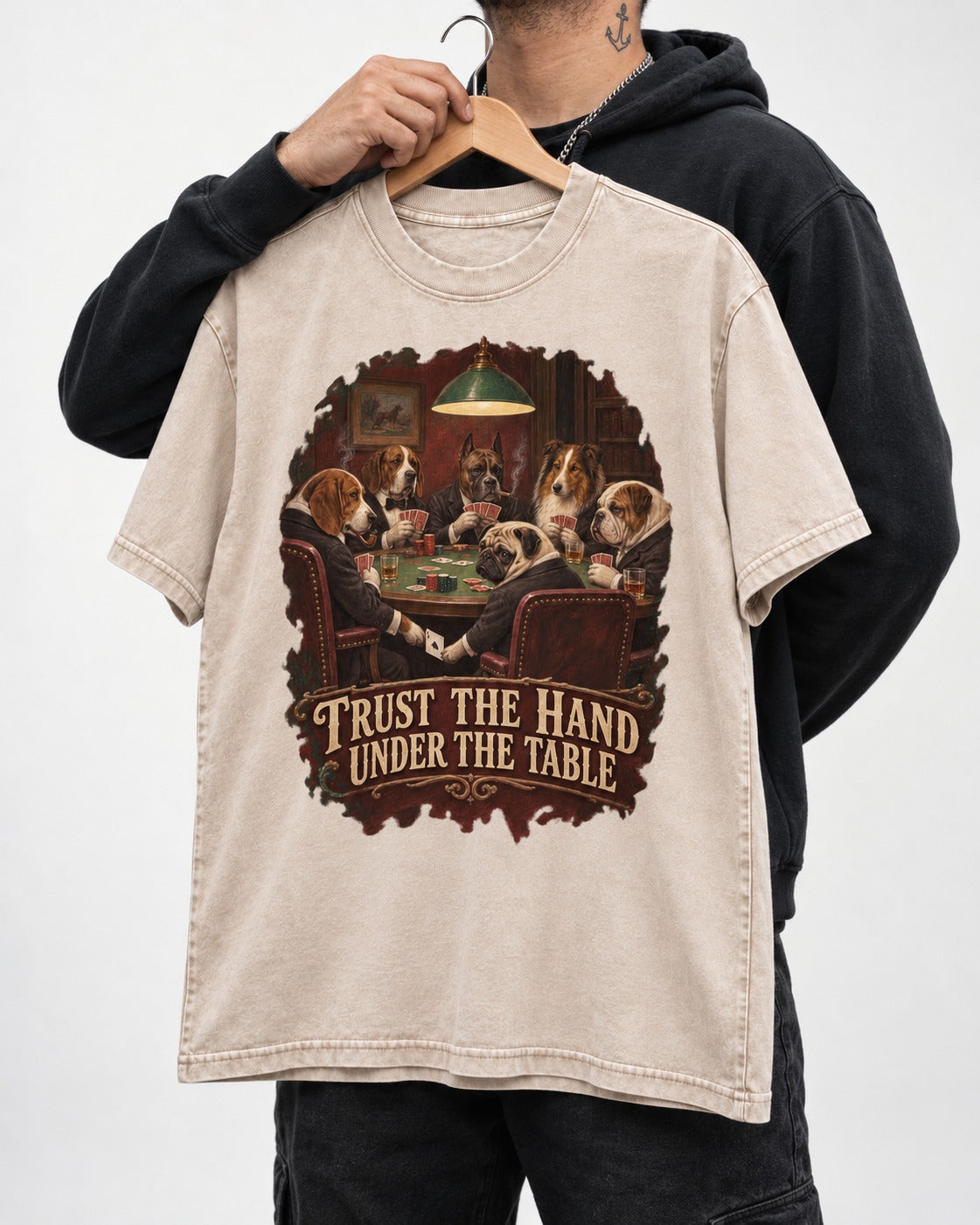 Pug Trust the Hand Under the Table Poker Graphic Washed Tee in Apricot, held up on a hanger