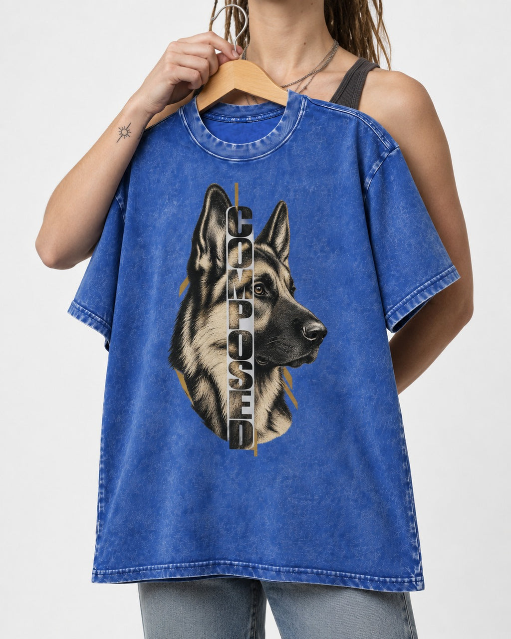 Composed Profile German Shepherd Dog Graphic Washed Tee in Royal Blue, held up on a hanger
