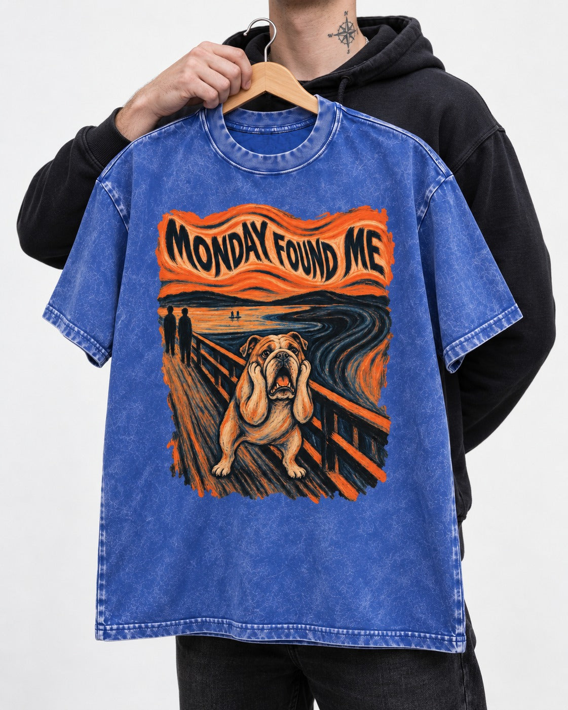 English Bulldog Monday Found Me Scream Graphic Washed Tee in Royal Blue, held up on a hanger