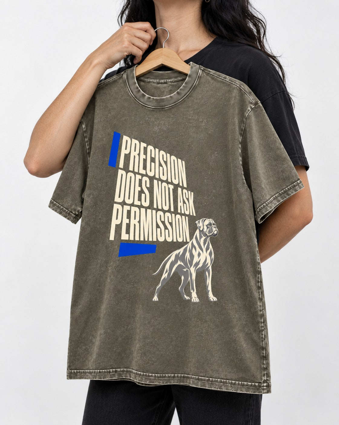 Precision Does Not Ask Permission Boxer Washed Tee in Army Green, held up on a hanger