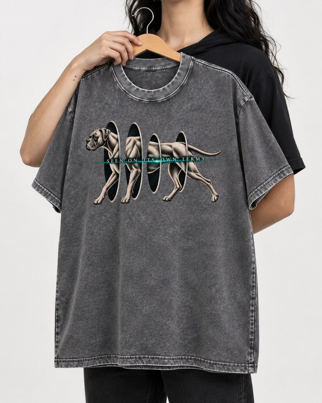 Boxer On Its Own Terms Washed Tee in Gray, held up on a hanger
