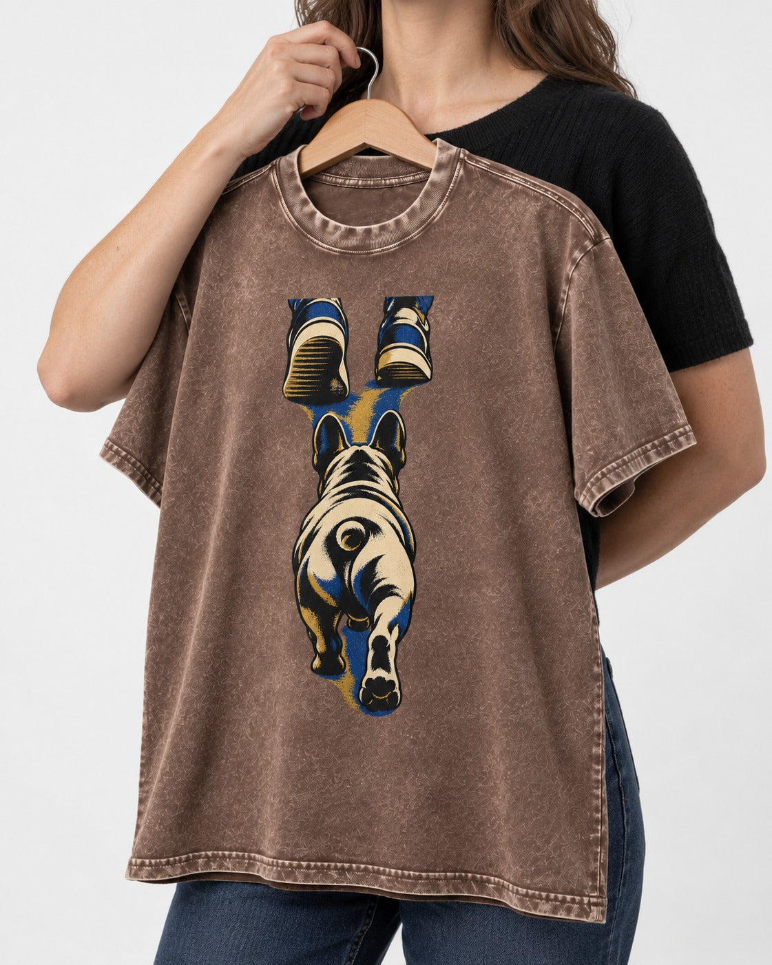 Frenchie Wherever I Go Washed Tee in Coffee, held up on a hanger