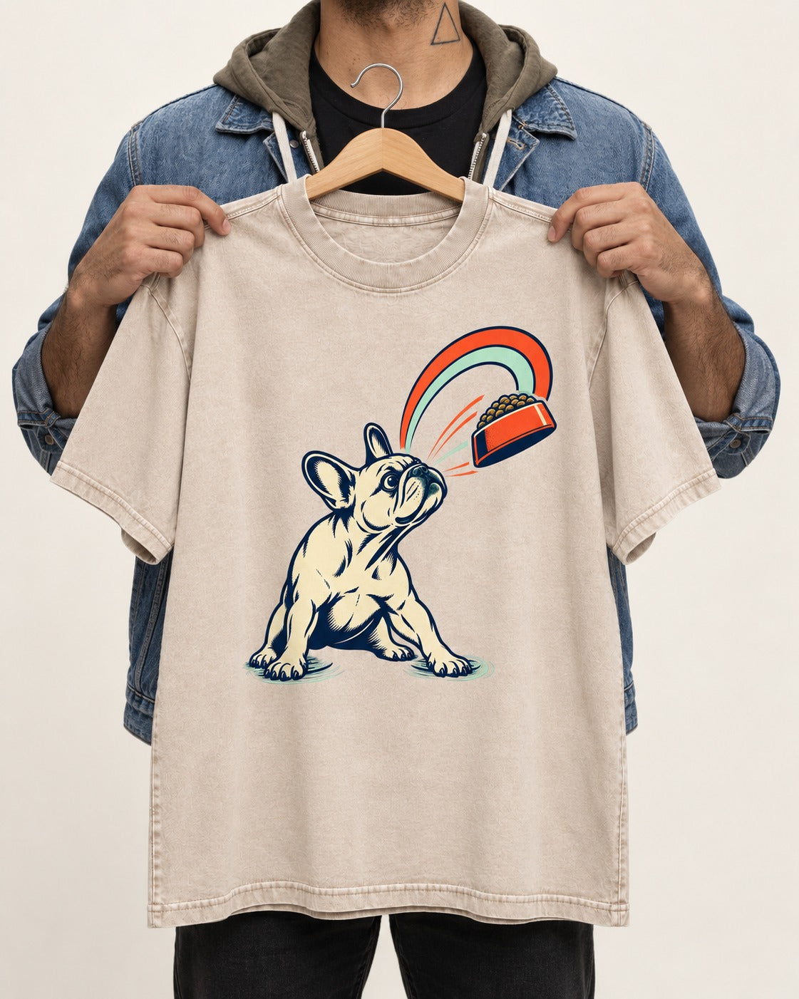 Frenchie Dinner Magnet Graphic Washed Tee in Apricot, held up on a hanger