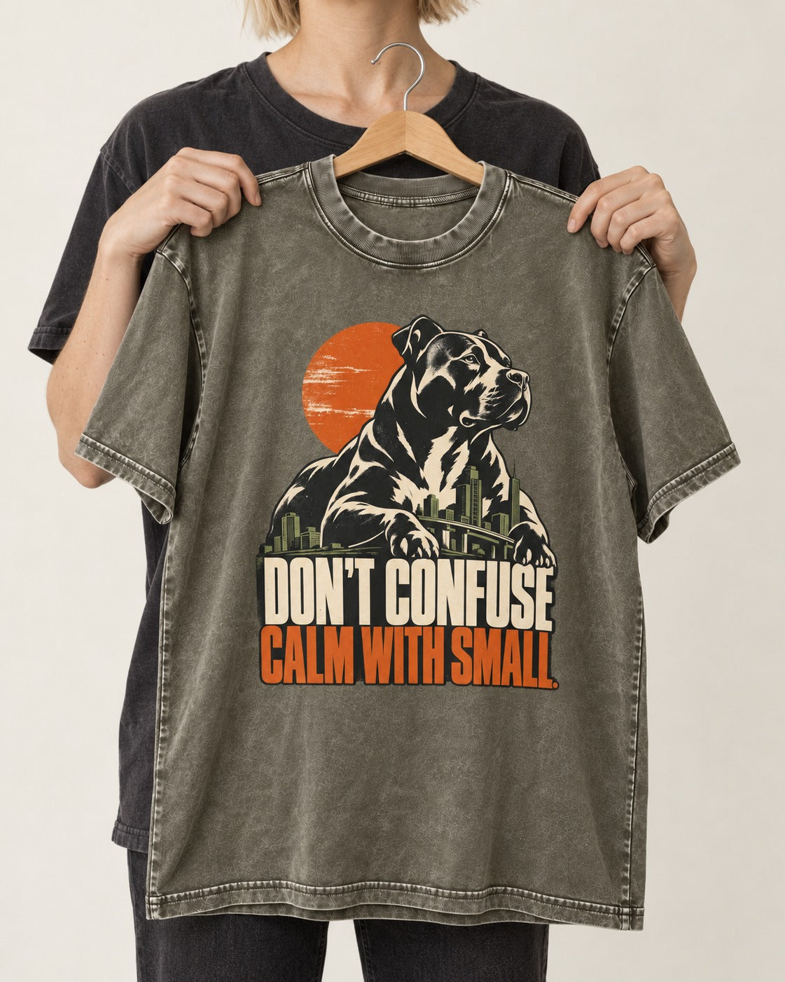 Pitbull Don't Confuse Calm with Small City Guardian Graphic Washed Tee in Army Green, held up on a hanger