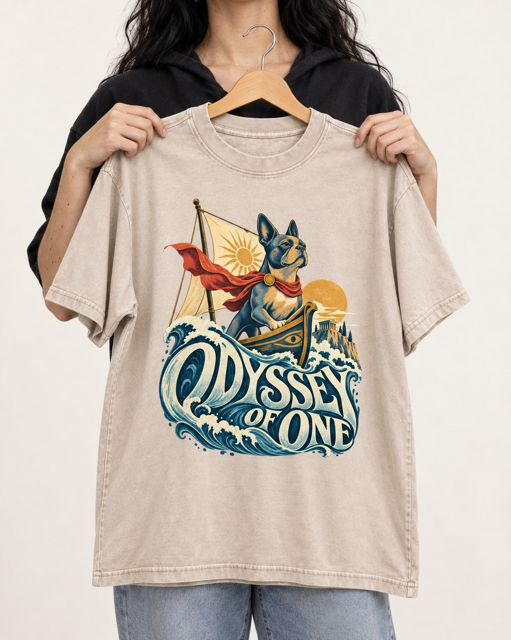 Boston Terrier Odyssey of One Washed Tee in Apricot, held up on a hanger
