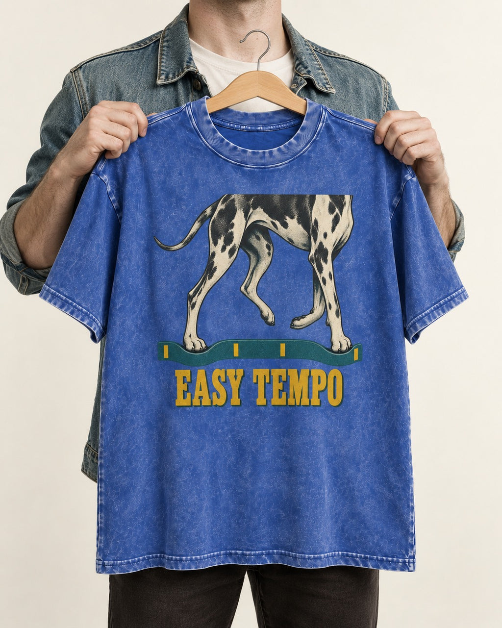 Great Dane Easy Tempo Elastic Band Legs Graphic Washed Tee in Royal Blue, held up on a hanger