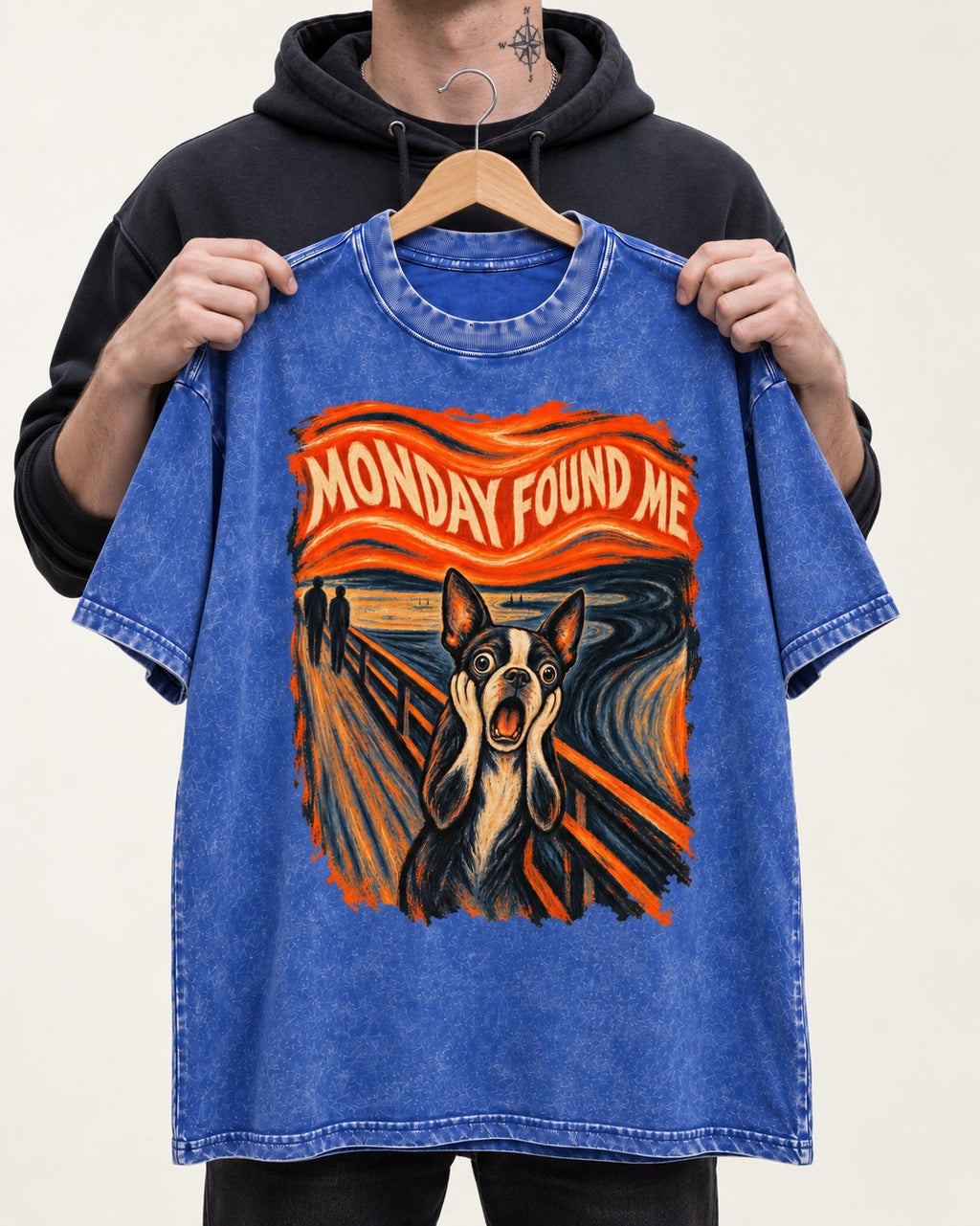 Monday Found Me Boston Terrier Scream Graphic Washed Tee in Royal Blue, held up on a hanger