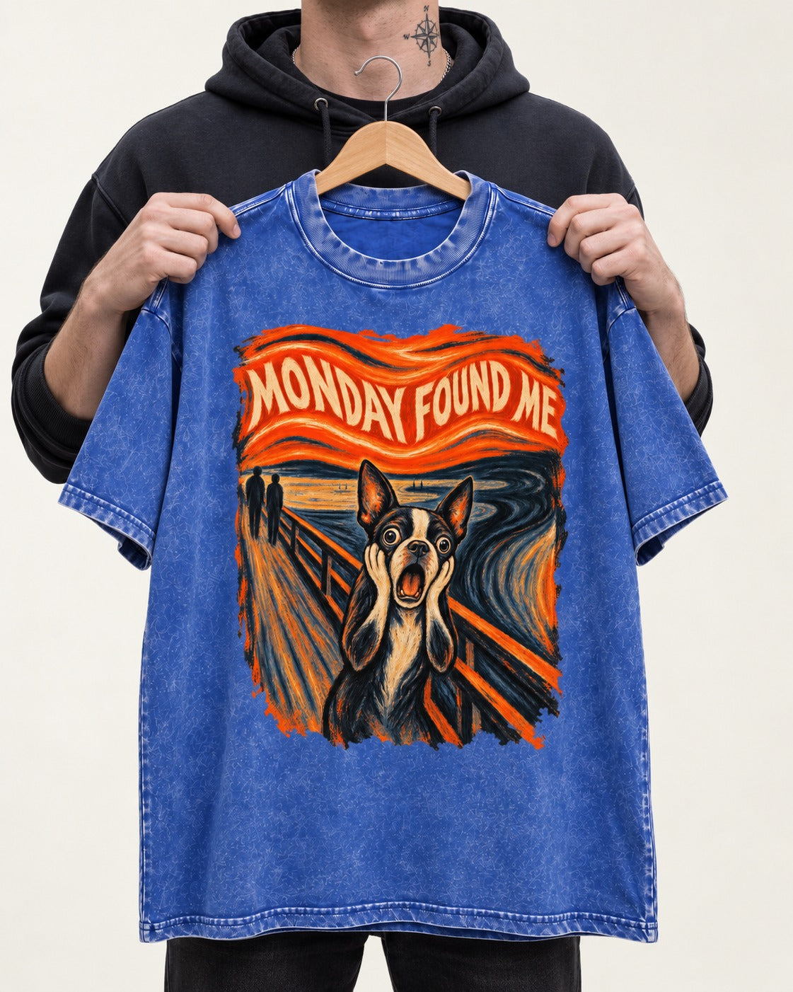 Monday Found Me Boston Terrier Scream Graphic Washed Tee in Royal Blue, held up on a hanger