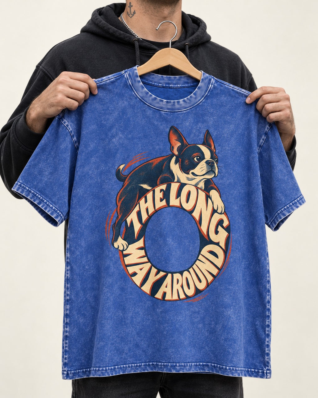 Boston Terrier the Long Way Around Washed Tee in Royal Blue, held up on a hanger