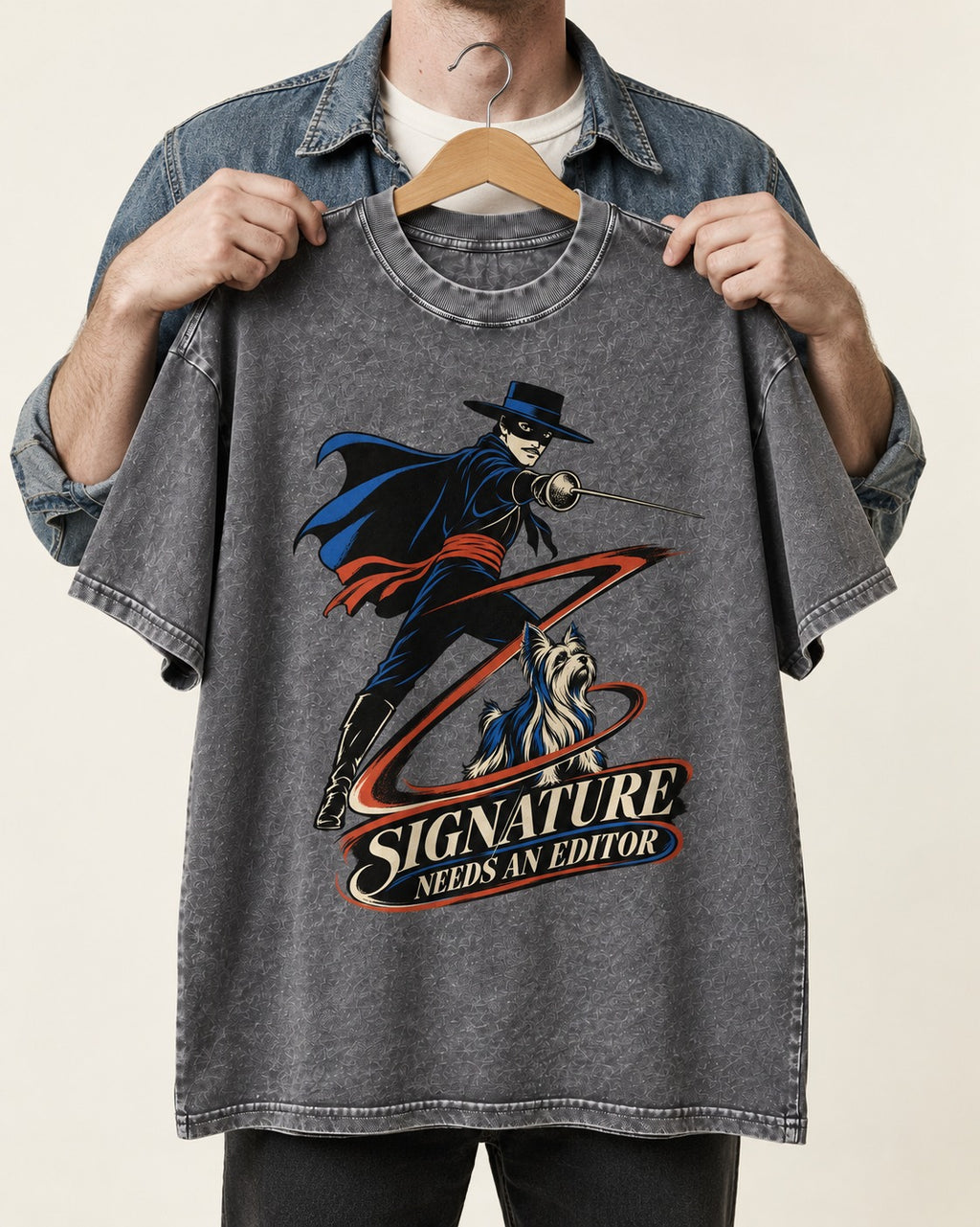 Yorkshire Terrier Signature Needs an Editor Washed Tee in Gray, held up on a hanger