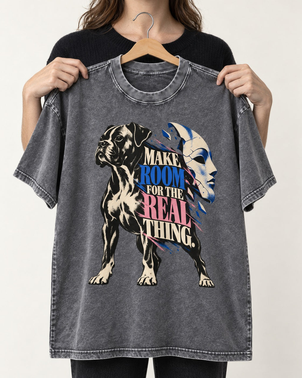 Make Room for the Real Thing Boxer Broken Mask Graphic Washed Tee in Gray, held up on a hanger