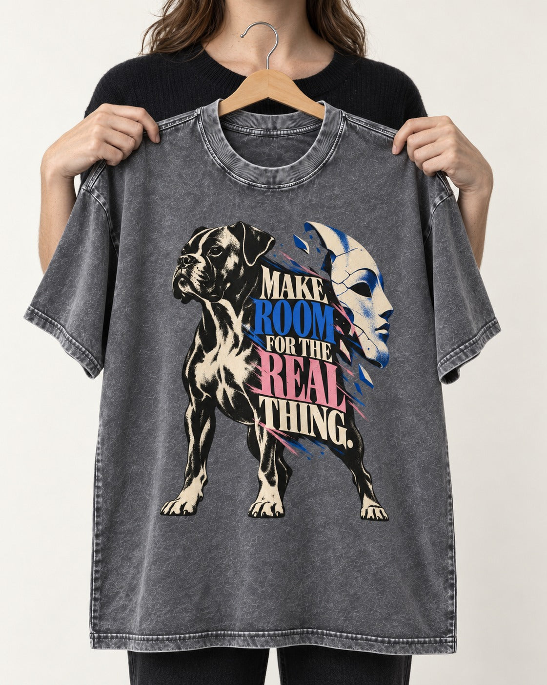 Make Room for the Real Thing Boxer Broken Mask Graphic Washed Tee in Gray, held up on a hanger