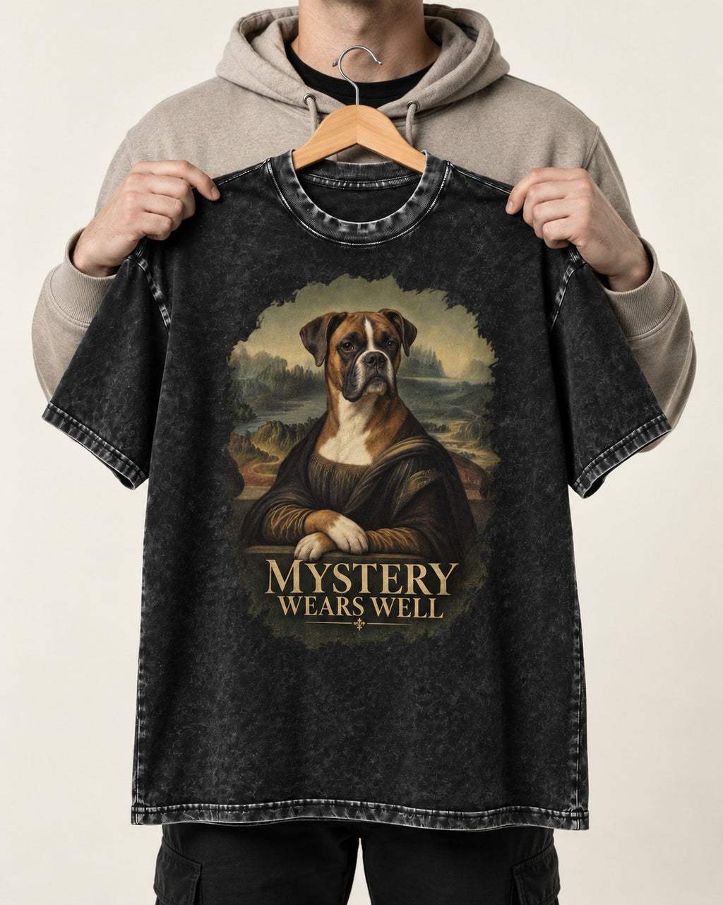 Mystery Wears Well Boxer Mona Lisa Portrait Washed Tee in Black, held up on a hanger
