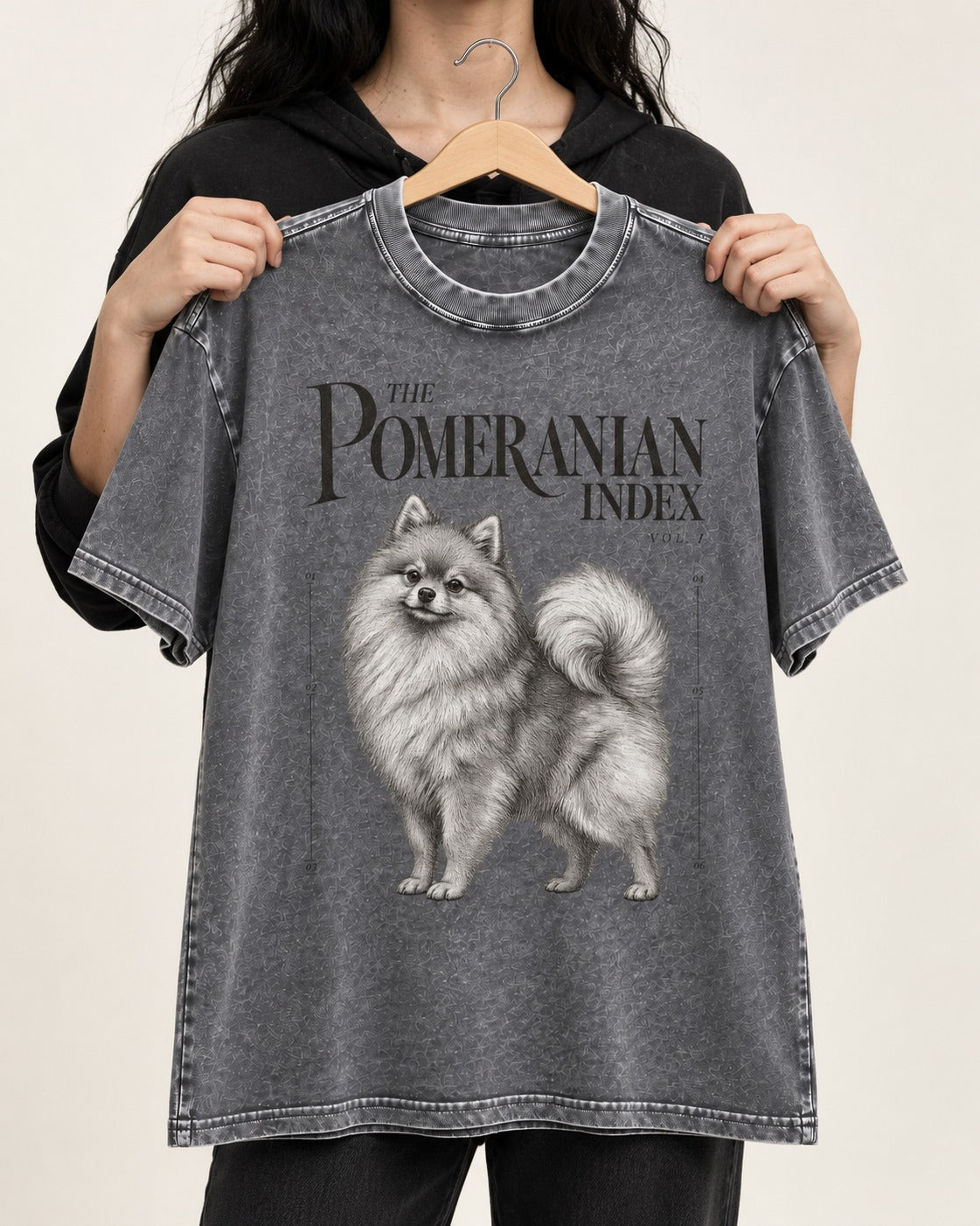 The Pomeranian Index Washed Tee in Gray, held up on a hanger