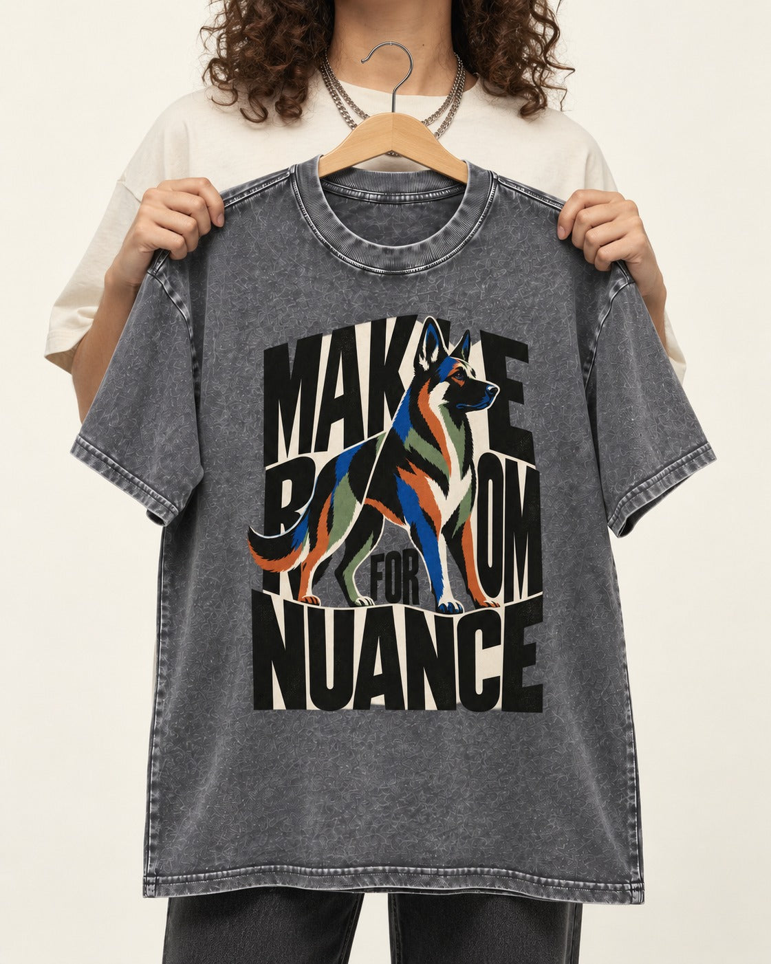 Make Room for Nuance German Shepherd Dog Washed Tee in Gray, held up on a hanger