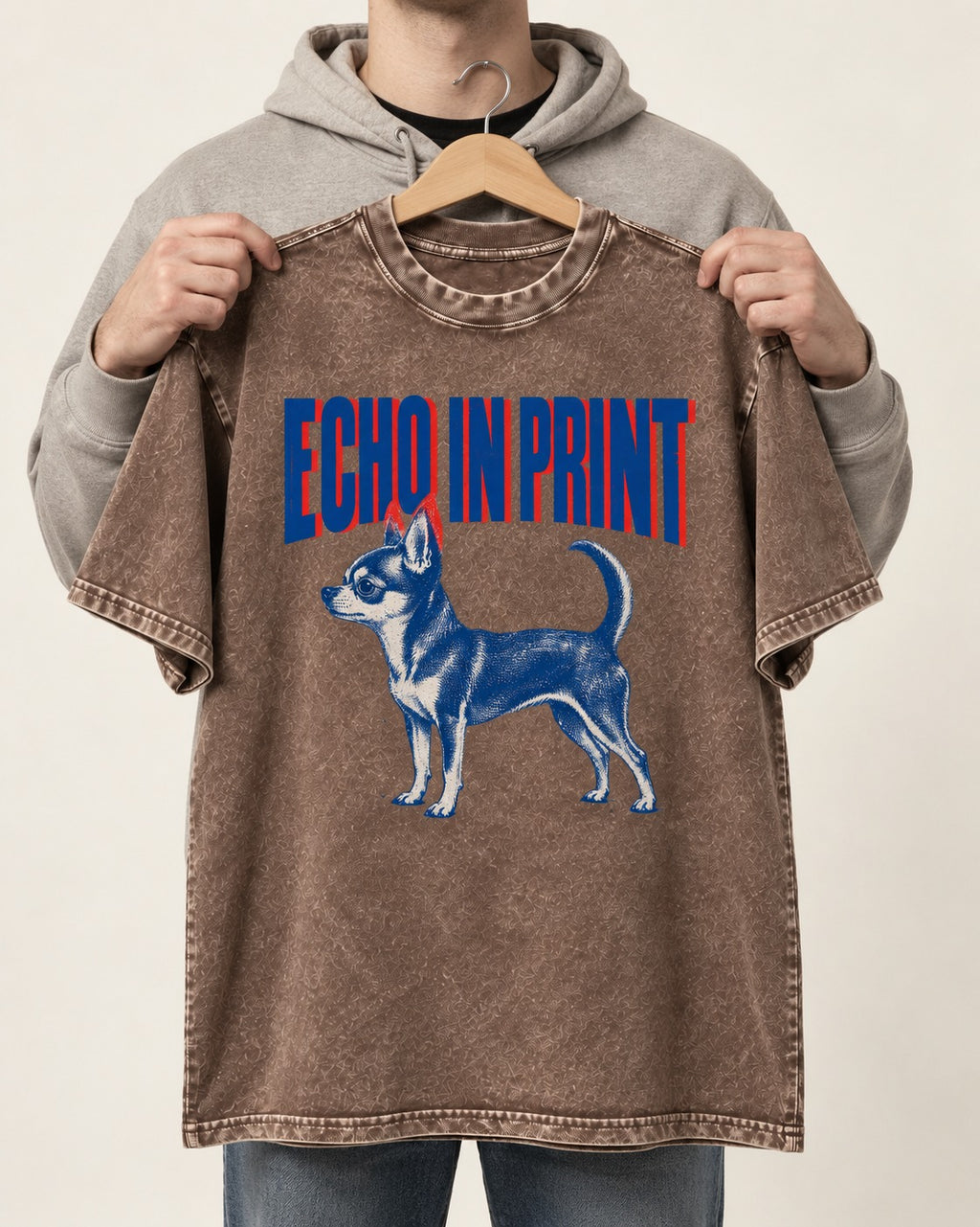 Chihuahua Echo Washed Tee in Coffee, held up on a hanger
