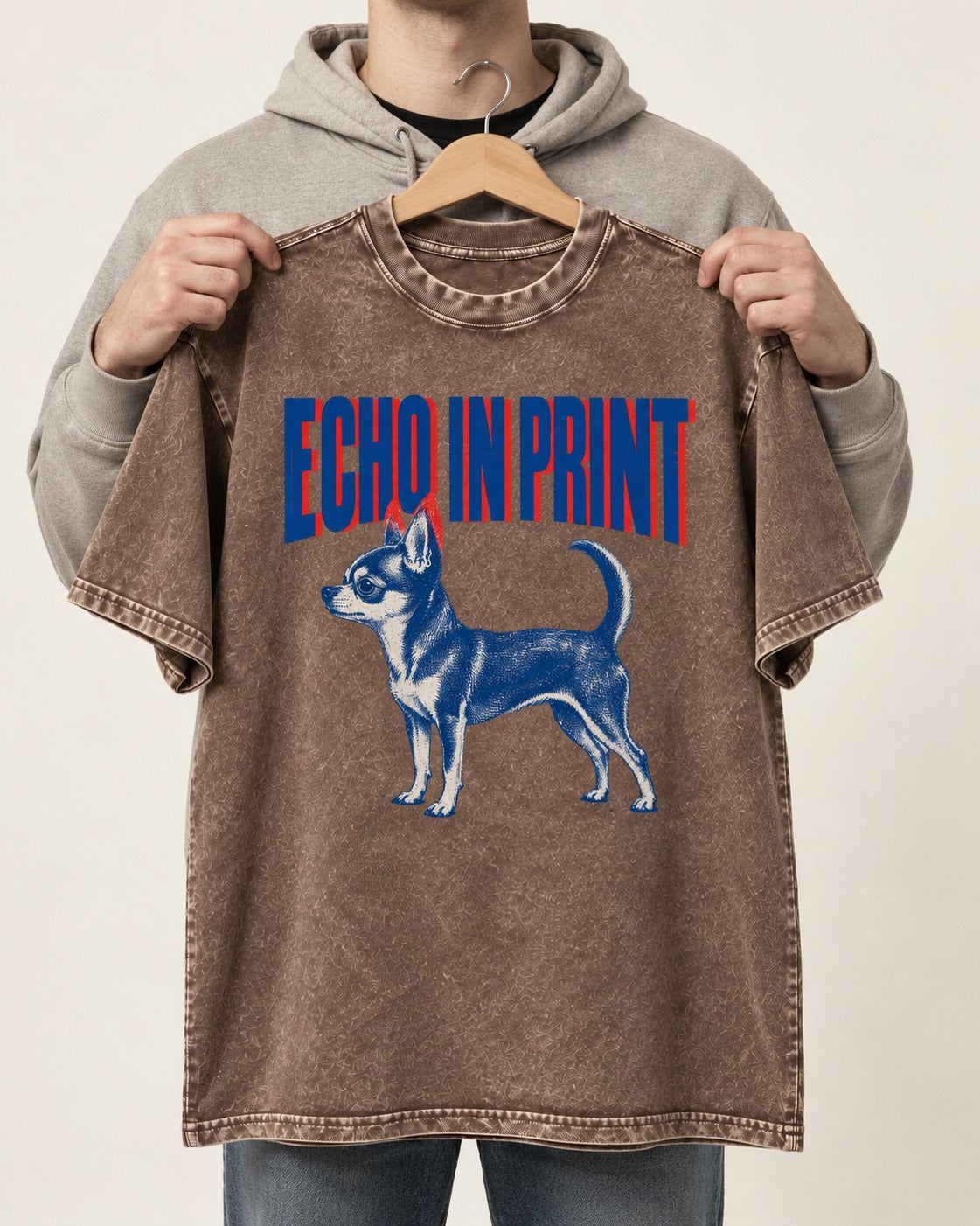 Chihuahua Echo Washed Tee in Coffee, held up on a hanger
