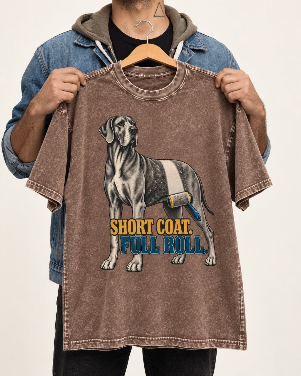 Short Coat Full Roll Great Dane Washed Tee in Coffee, held up on a hanger