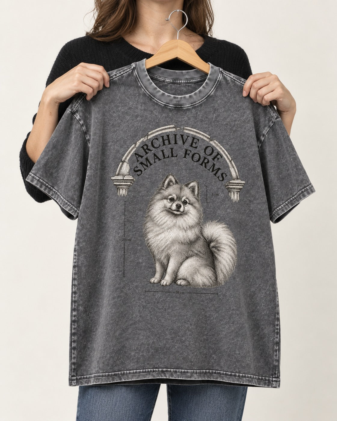 Pomeranian Archive of Small Forms Washed Tee in Gray, held up on a hanger