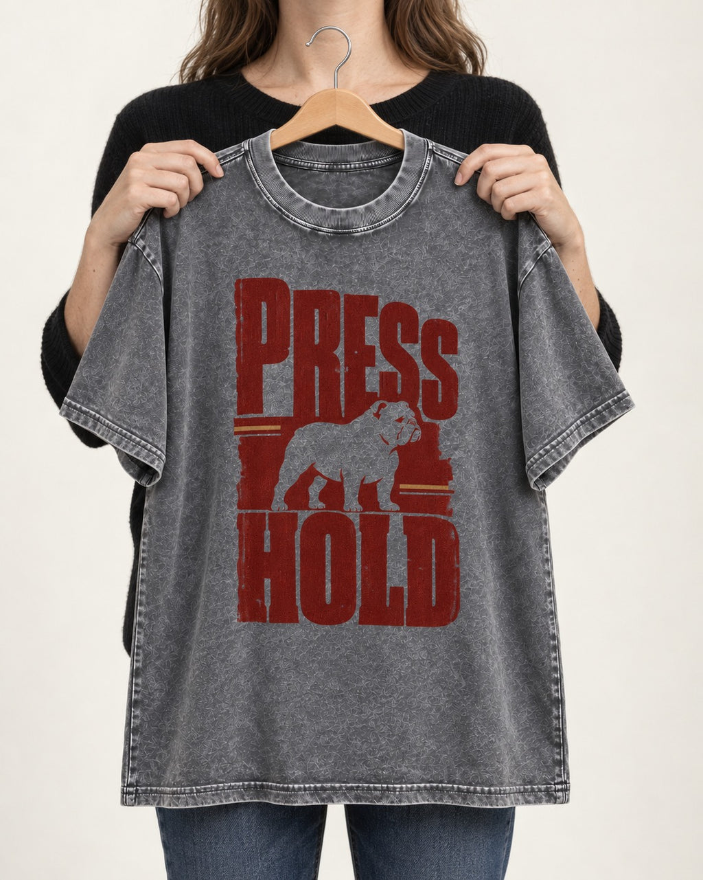 English Bulldog Press and Hold Washed Tee in Gray, held up on a hanger