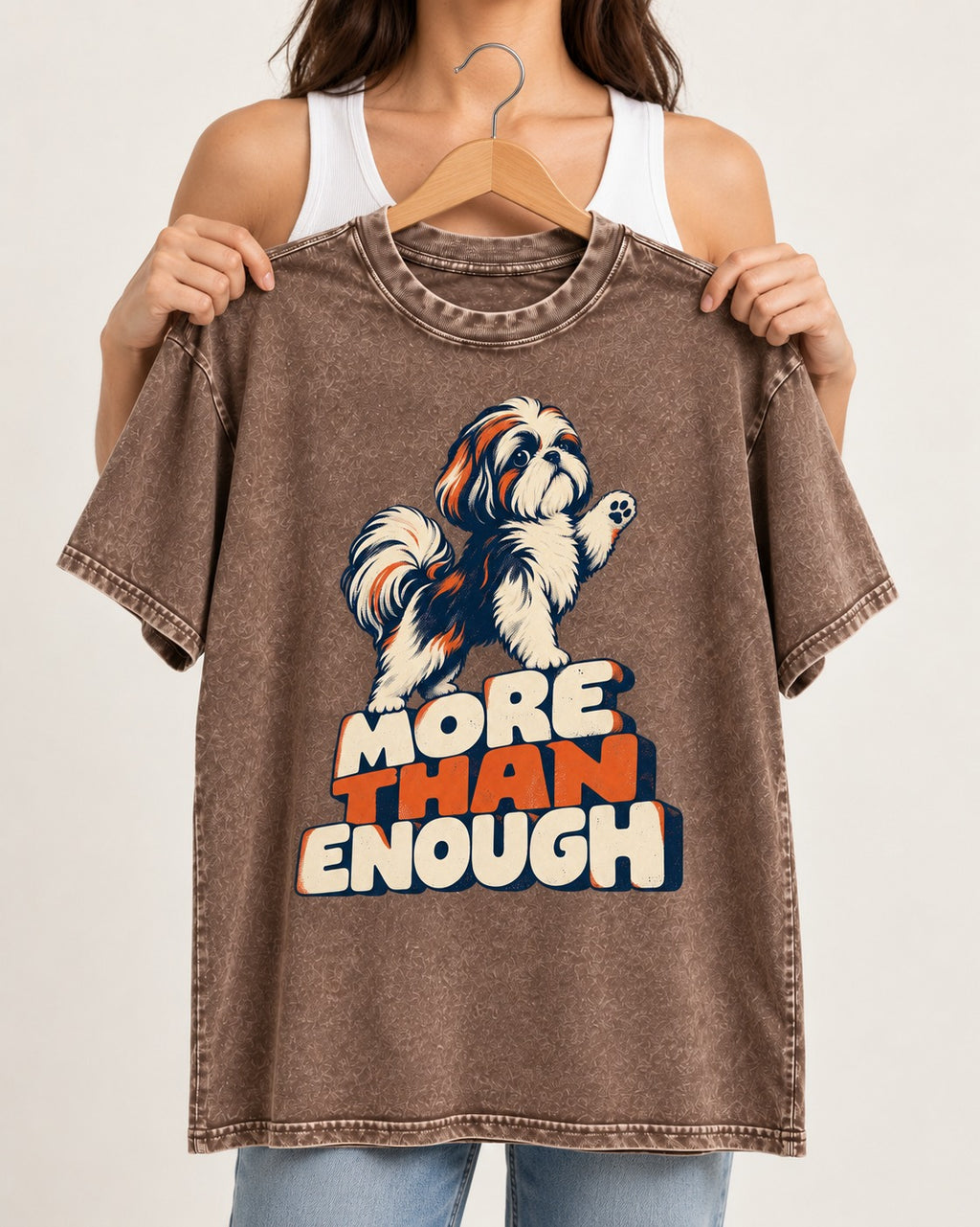 More Than Enough Shih Tzu Washed Tee in Coffee, held up on a hanger