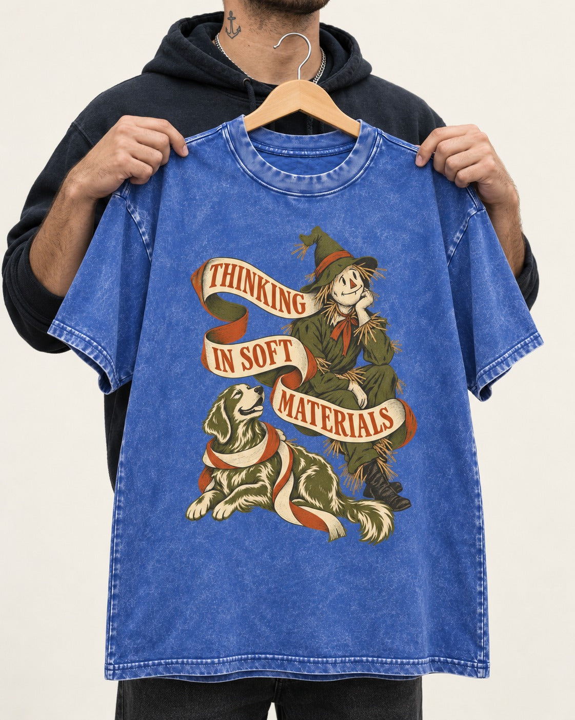 Golden Retriever Thinking in Soft Materials Scarecrow Graphic Washed Tee in Royal Blue, held up on a hanger