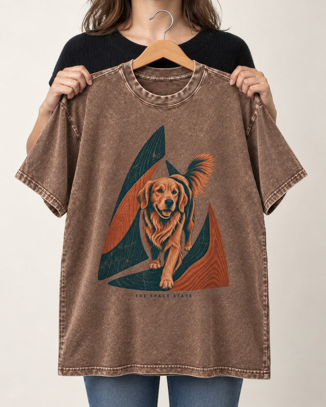 The Golden Retriever Space Stays Washed Tee in Coffee, held up on a hanger
