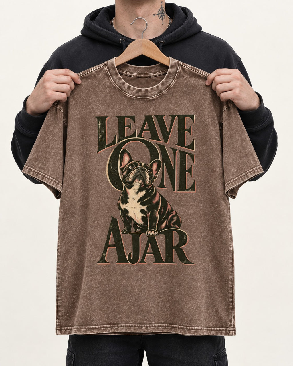 Leave One Ajar for Frenchie Washed Tee in Coffee, held up on a hanger