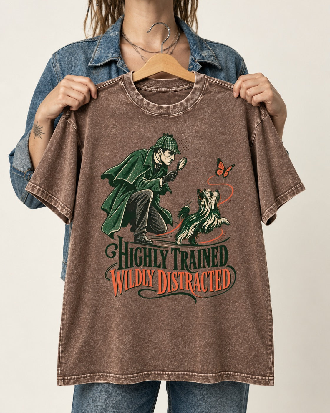 Highly Trained Wildly Distracted Yorkshire Terrier Washed Tee in Coffee, held up on a hanger