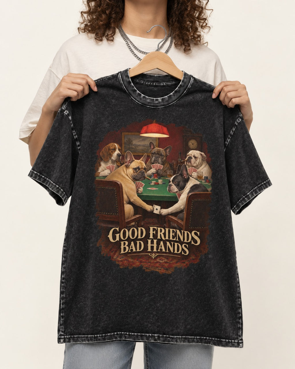 Frenchie Good Friends Bad Hands Poker Graphic Washed Tee in Black, held up on a hanger