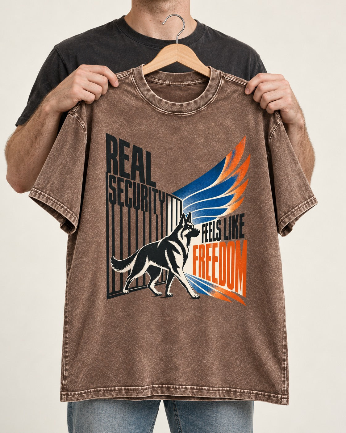 German Shepherd Dog Feels Like Freedom Washed Tee in Coffee, held up on a hanger