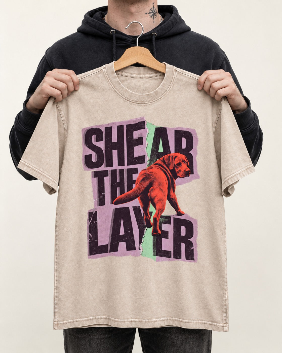 Labrador Retriever Shear the Layer Torn Paper Graphic Washed Tee in Apricot, held up on a hanger