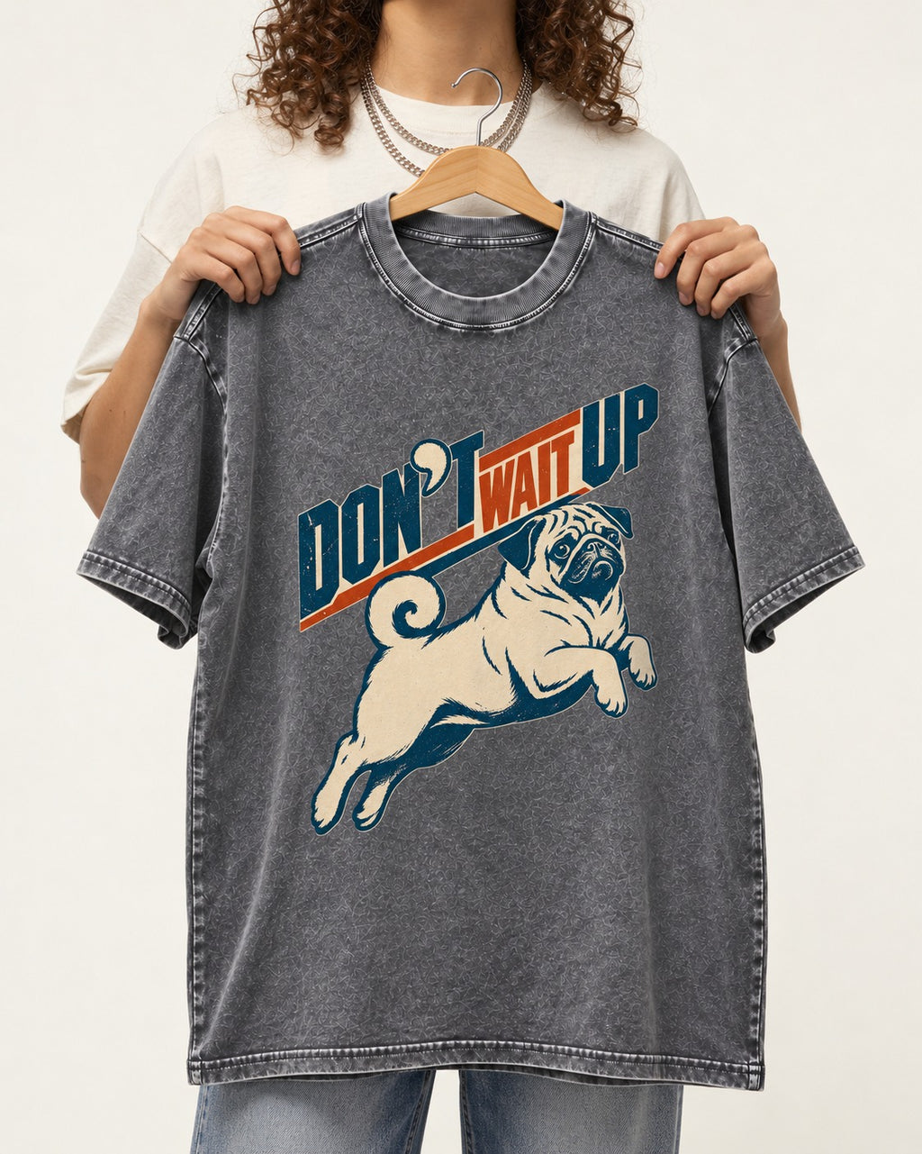 Don't Wait Up for Pug Washed Tee in Gray, held up on a hanger