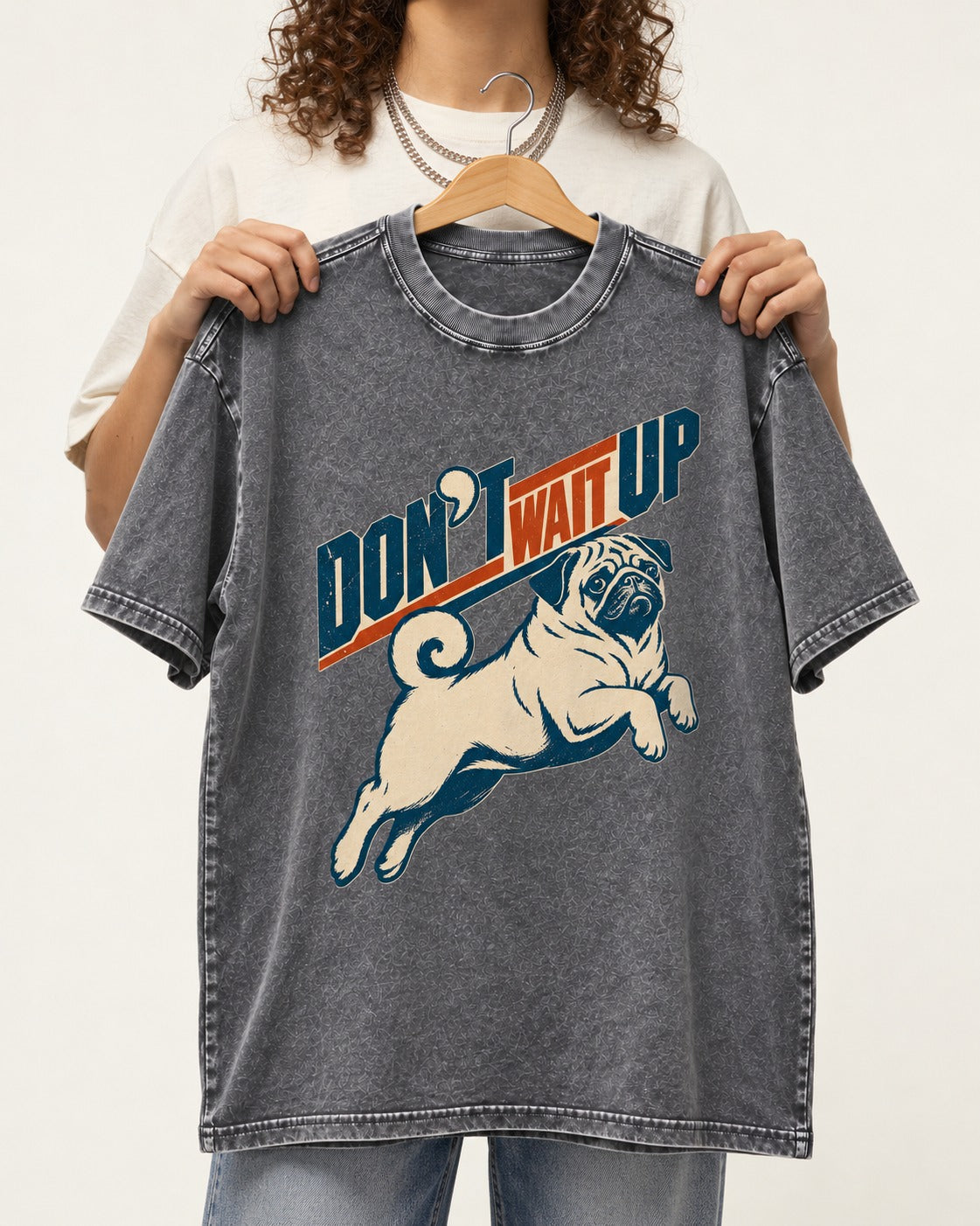 Don't Wait Up for Pug Washed Tee in Gray, held up on a hanger