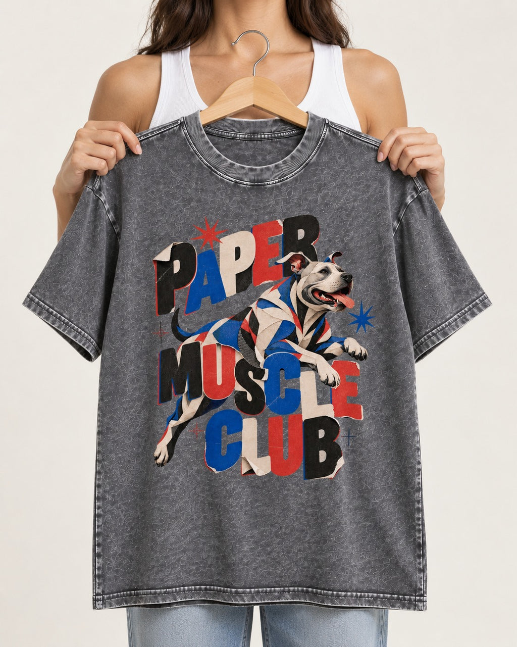 Pitbull Paper Muscle Club Collage Graphic Washed Tee in Gray, held up on a hanger