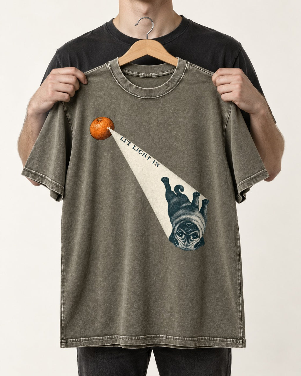 Pug Let Light In Camera Obscura Graphic Washed Tee in Army Green, held up on a hanger