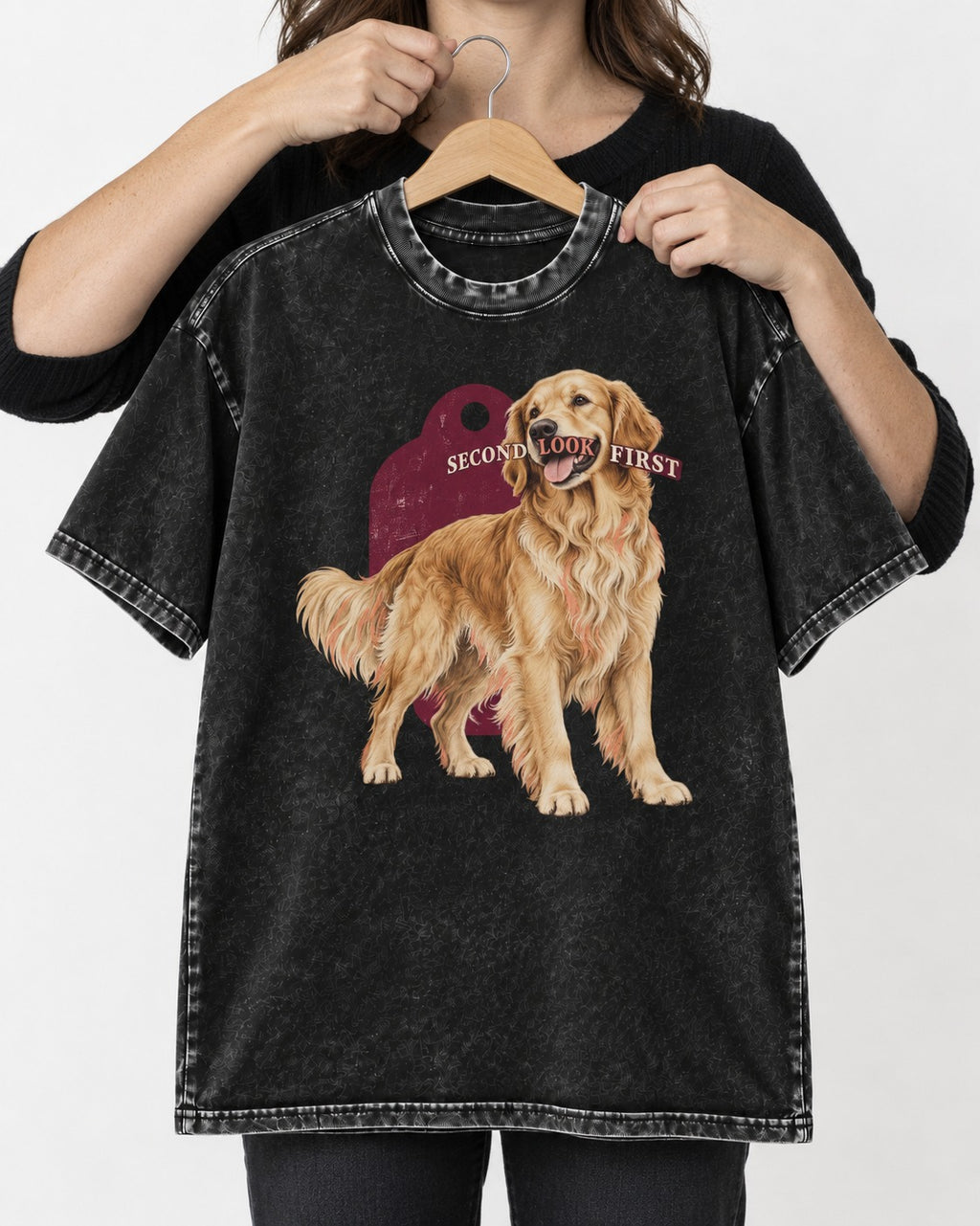 Golden Retriever Second Look First Tag Portrait Graphic Washed Tee in Black, held up on a hanger