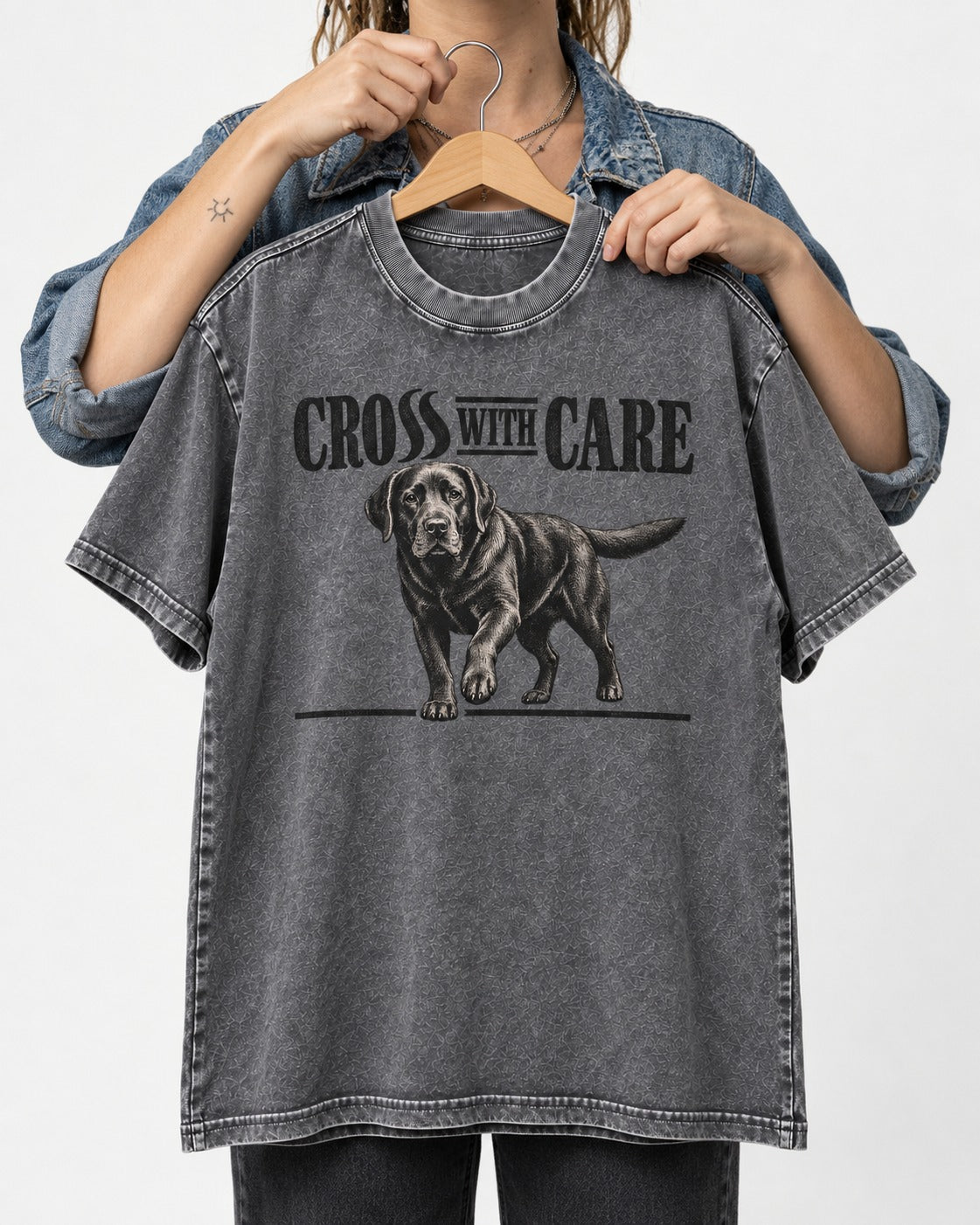 Labrador Retriever Cross with Care Washed Tee in Gray, held up on a hanger